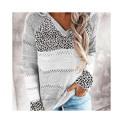 Women Leopard Hooded Knit Pullover Top Striped Colorblocking Loose Knit Sweater