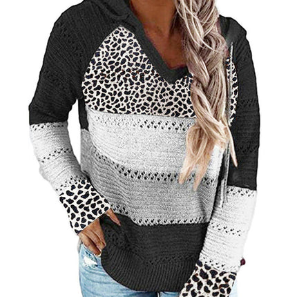 Women Leopard Hooded Knit Pullover Top Striped Colorblocking Loose Knit Sweater