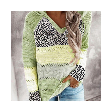 Women Leopard Hooded Knit Pullover Top Striped Colorblocking Loose Knit Sweater