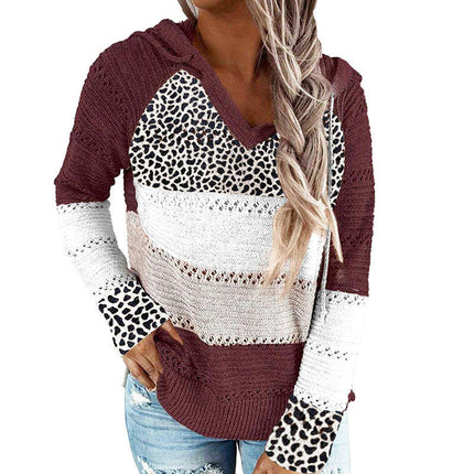 Women Leopard Hooded Knit Pullover Top Striped Colorblocking Loose Knit Sweater