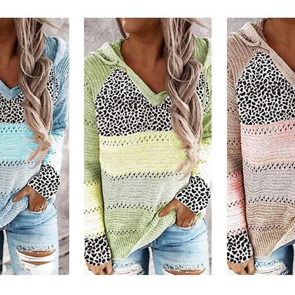 Women Leopard Hooded Knit Pullover Top Striped Colorblocking Loose Knit Sweater