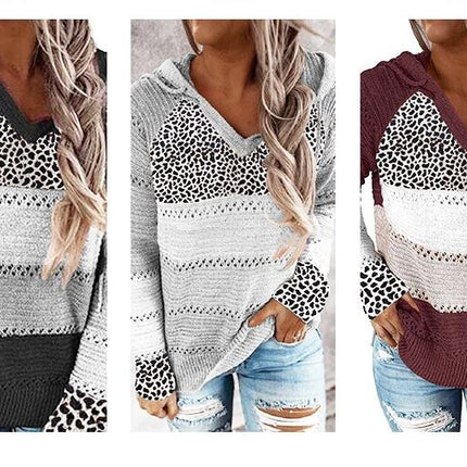 Women Leopard Hooded Knit Pullover Top Striped Colorblocking Loose Knit Sweater