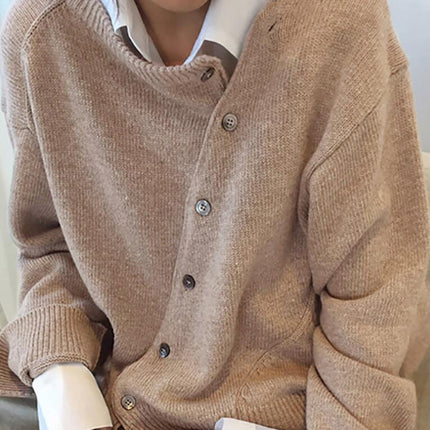 Women's Irregular Lazy Style Sweater Cardigan Round Neck Knitted Jacket with Diagonal Buttons