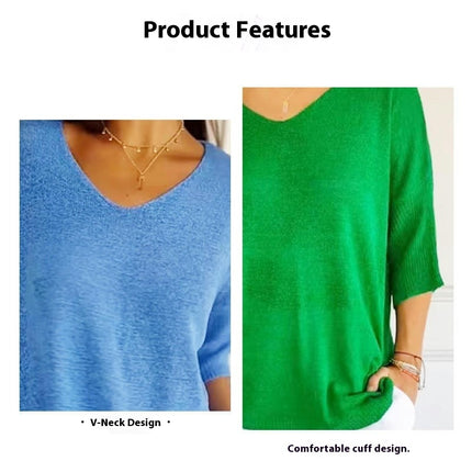 Women's Summer Spring Casual 3/4 Sleeve Solid Color V-Neck Loose Pullover Knit Sweater Top