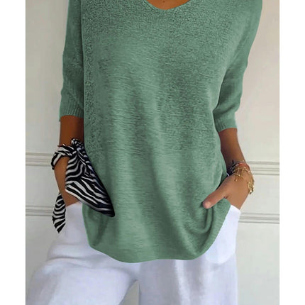 Women's Summer Spring Casual 3/4 Sleeve Solid Color V-Neck Loose Pullover Knit Sweater Top