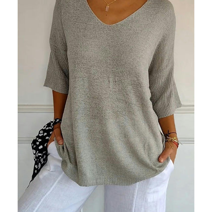 Women's Summer Spring Casual 3/4 Sleeve Solid Color V-Neck Loose Pullover Knit Sweater Top