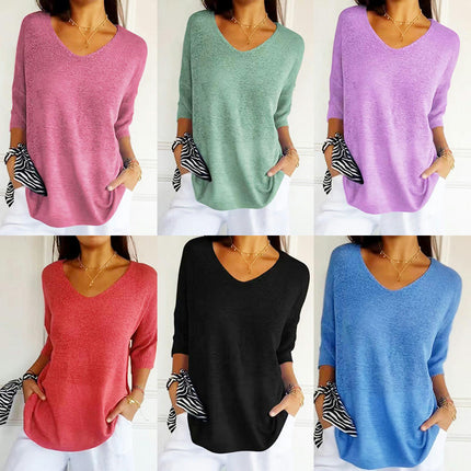 Women's Summer Spring Casual 3/4 Sleeve Solid Color V-Neck Loose Pullover Knit Sweater Top