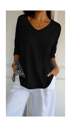 Women's Summer Spring Casual 3/4 Sleeve Solid Color V-Neck Loose Pullover Knit Sweater Top