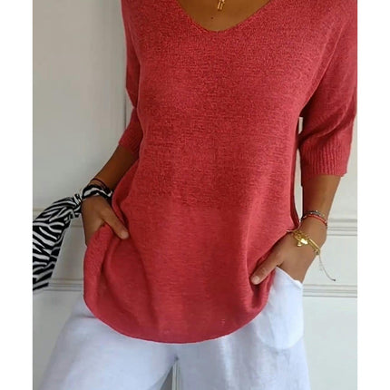 Women's Summer Spring Casual 3/4 Sleeve Solid Color V-Neck Loose Pullover Knit Sweater Top