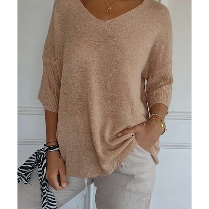 Women's Summer Spring Casual 3/4 Sleeve Solid Color V-Neck Loose Pullover Knit Sweater Top