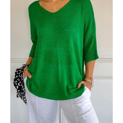 Women's Summer Spring Casual 3/4 Sleeve Solid Color V-Neck Loose Pullover Knit Sweater Top