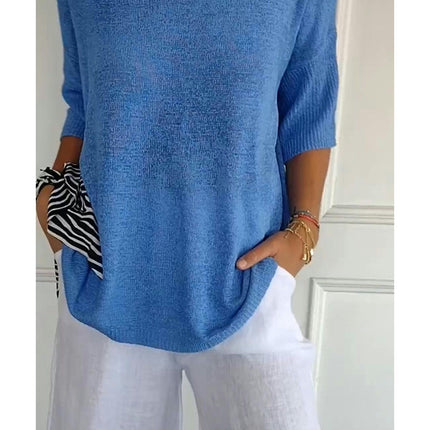 Women's Summer Spring Casual 3/4 Sleeve Solid Color V-Neck Loose Pullover Knit Sweater Top