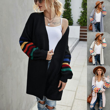 Women's Medium Long Rainbow Color Long Sleeve Cardigan Loose Large Size Knit Sweater Jacket