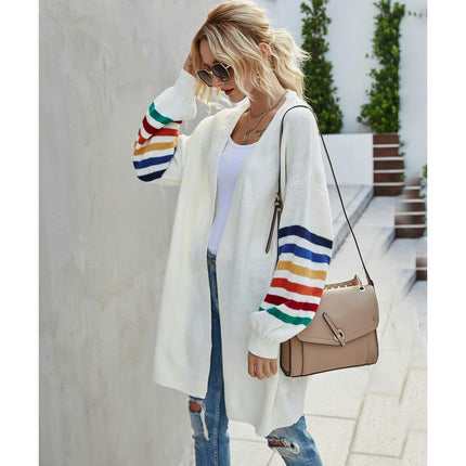 Women's Medium Long Rainbow Color Long Sleeve Cardigan Loose Large Size Knit Sweater Jacket