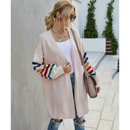 Women's Medium Long Rainbow Color Long Sleeve Cardigan Loose Large Size Knit Sweater Jacket