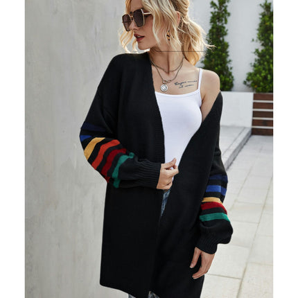 Women's Medium Long Rainbow Color Long Sleeve Cardigan Loose Large Size Knit Sweater Jacket