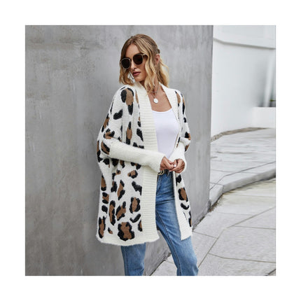 Women's Cardigan Jacket Extra Long Ribbed Cuffs Fashion Leopard Knit Sweater Sweater