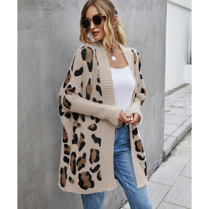 Women's Cardigan Jacket Extra Long Ribbed Cuffs Fashion Leopard Knit Sweater Sweater