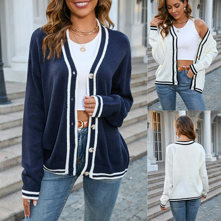 Women's Long Sleeve Button Colorblocked Knit Cardigan V-Neck Sweater Jacket