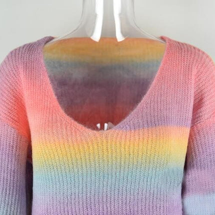 Women's Sweater Rainbow Striped Sweater Long Sleeve Round Neck Colorblocking Casual Pullover Top