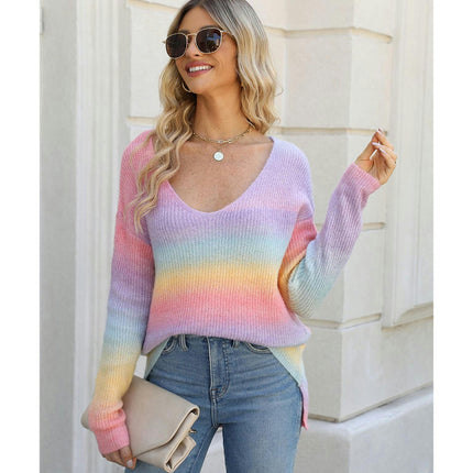 Women's Sweater Rainbow Striped Sweater Long Sleeve Round Neck Colorblocking Casual Pullover Top