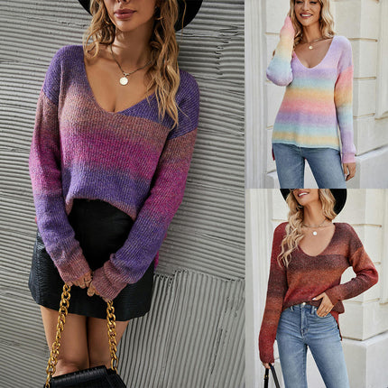 Women's Sweater Rainbow Striped Sweater Long Sleeve Round Neck Colorblocking Casual Pullover Top