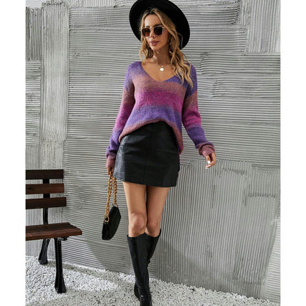 Women's Sweater Rainbow Striped Sweater Long Sleeve Round Neck Colorblocking Casual Pullover Top