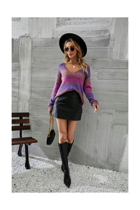 Women's Sweater Rainbow Striped Sweater Long Sleeve Round Neck Colorblocking Casual Pullover Top