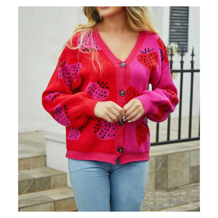 Women's Long Sleeve Strawberry Knit Sweater Fashion V-Neck Button Jacket Sweater