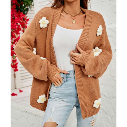 Women's Lantern Sleeve Floral Cardigan Sweater Knit Top V-Neck Jacket