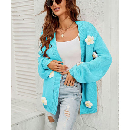 Women's Lantern Sleeve Floral Cardigan Sweater Knit Top V-Neck Jacket