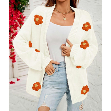 Women's Lantern Sleeve Floral Cardigan Sweater Knit Top V-Neck Jacket