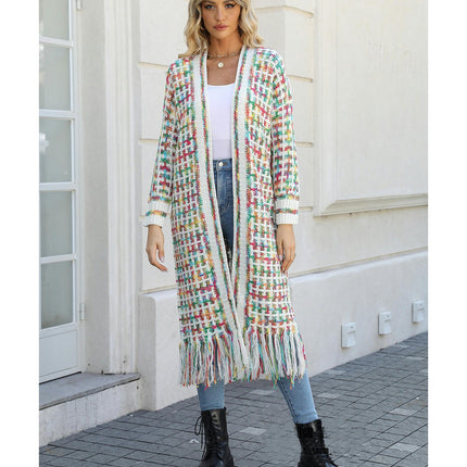 Women's Striped Fringed Cardigan Colorful Extra Long Knit Cardigan Sweater Jacket