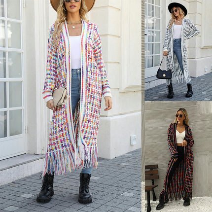 Women's Striped Fringed Cardigan Colorful Extra Long Knit Cardigan Sweater Jacket