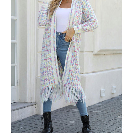 Women's Striped Fringed Cardigan Colorful Extra Long Knit Cardigan Sweater Jacket