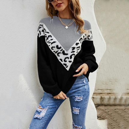 Women's Long Sleeve Leopard Print Pullover Crew Neck Knitted Sweater Top