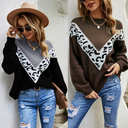 Women's Long Sleeve Leopard Print Pullover Crew Neck Knitted Sweater Top