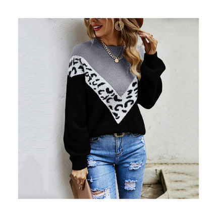 Women's Long Sleeve Leopard Print Pullover Crew Neck Knitted Sweater Top