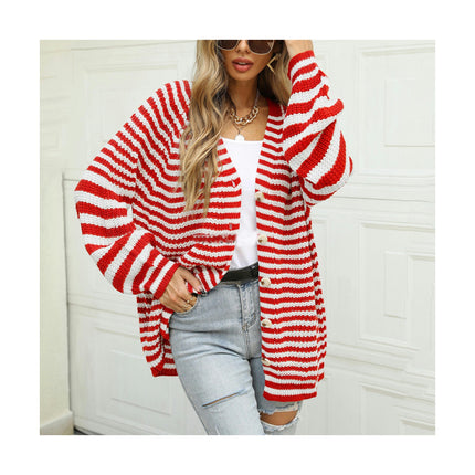 Women's Striped Colorblocking Cardigan Loose Mid-Length Button Casual Knit Sweater