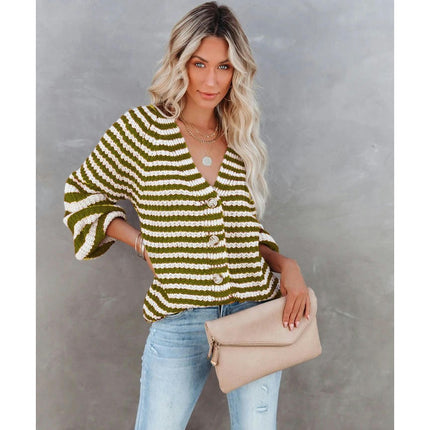 Women's Striped Colorblocking Cardigan Loose Mid-Length Button Casual Knit Sweater