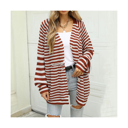 Women's Striped Colorblocking Cardigan Loose Mid-Length Button Casual Knit Sweater