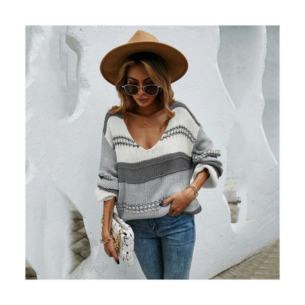 Women's Long Sleeve Colorblocking V-Neck Sweater - Loose Casual Pullover Knit Sweater