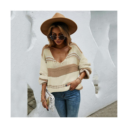 Women's Long Sleeve Colorblocking V-Neck Sweater - Loose Casual Pullover Knit Sweater