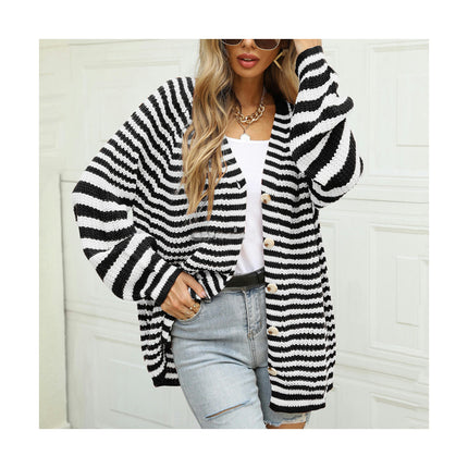 Women's Striped Colorblocking Cardigan Loose Mid-Length Button Casual Knit Sweater