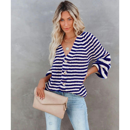 Women's Striped Colorblocking Cardigan Loose Mid-Length Button Casual Knit Sweater