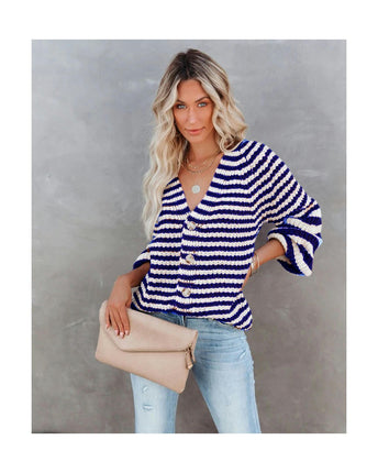 Women's Striped Colorblocking Cardigan Loose Mid-Length Button Casual Knit Sweater