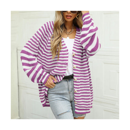 Women's Striped Colorblocking Cardigan Loose Mid-Length Button Casual Knit Sweater