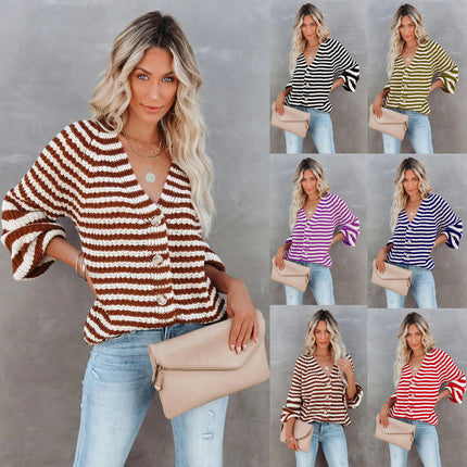 Women's Striped Colorblocking Cardigan Loose Mid-Length Button Casual Knit Sweater