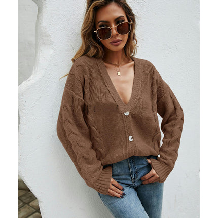 Women's Short Twist Sleeve Knit Sweater Solid Color Loose Button Sweater Cardigan