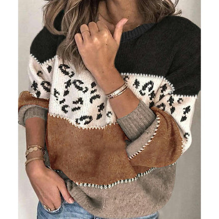 Women's Sweater Leopard Multi-color Patchwork Long Sleeve Pullover Knit Sweater